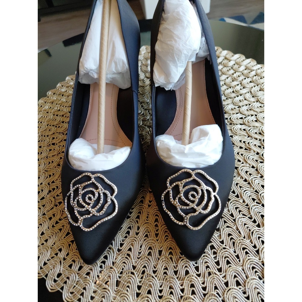 Taryn Rose Maci Satin Pumps Crystal Block-Heel Black Size 10 NEW with BOX